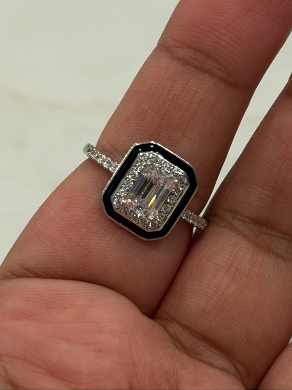Silver Tone Emerald Cut Black Enamel Statement Ring